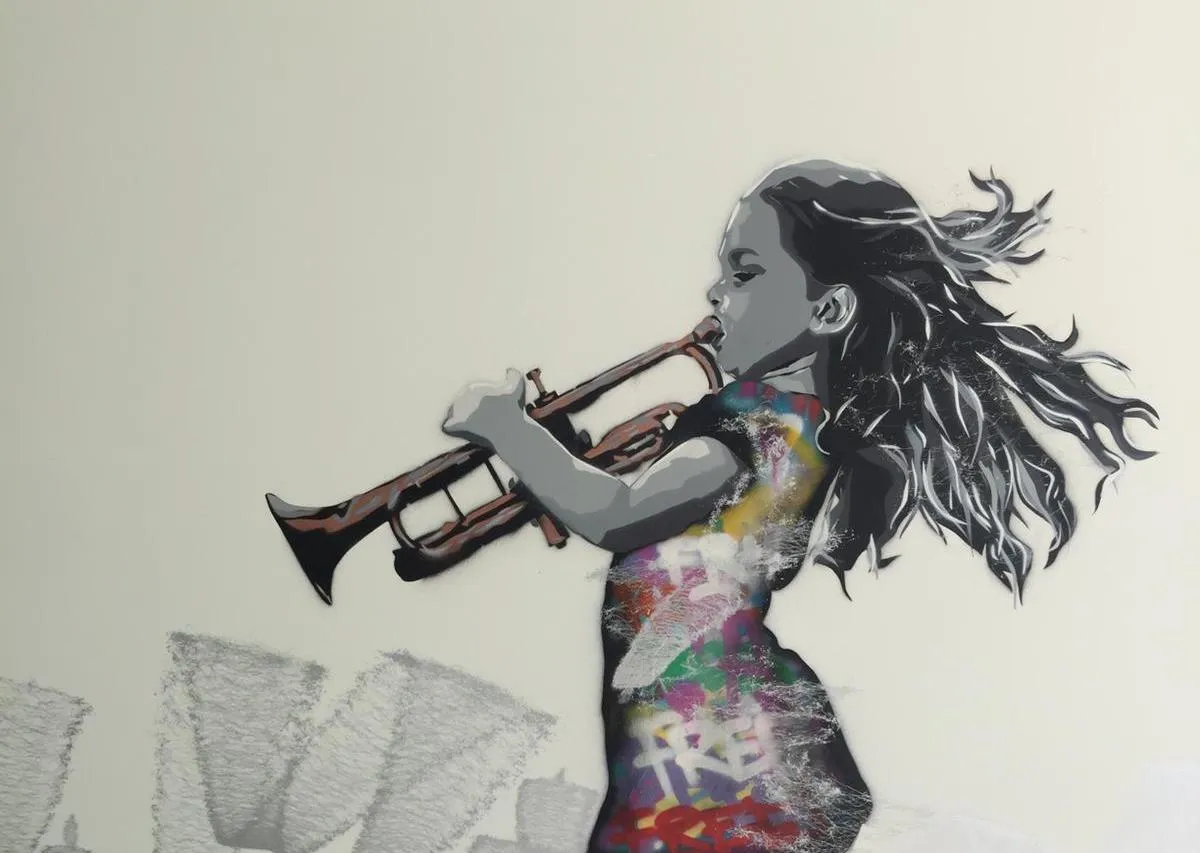 Mural of a girl playing a trumpet